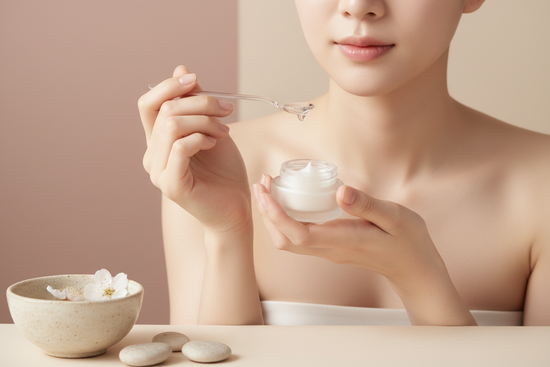 A soft, minimalistic beauty photo showing a young woman with glowing, dewy skin performing a gentle skincare ritual. The focus is on her hands and lower face — smooth, radiant skin with a natural glow, no visible makeup. She holds a small cream jar or a glass spoon with skincare serum. Background is clean and neutral — soft beige, blush pink, or light ivory — with subtle Korean-inspired minimalism (ceramic bowl, white flowers, or smooth stones). Lighting is natural and diffused, evoking a calm morning atmos