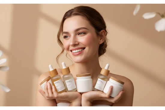 A bright, elegant beauty e-commerce banner for a Shopify website selling natural skincare and supplements. A radiant, happy woman with glowing skin, shown from the shoulders up, holding several skincare bottles in her hands. Soft natural light, minimalistic background in warm beige tones, subtle reflections, luxurious yet organic aesthetic. The composition should look clean, modern, and fresh — emphasizing femininity, self-care, and natural beauty. no text